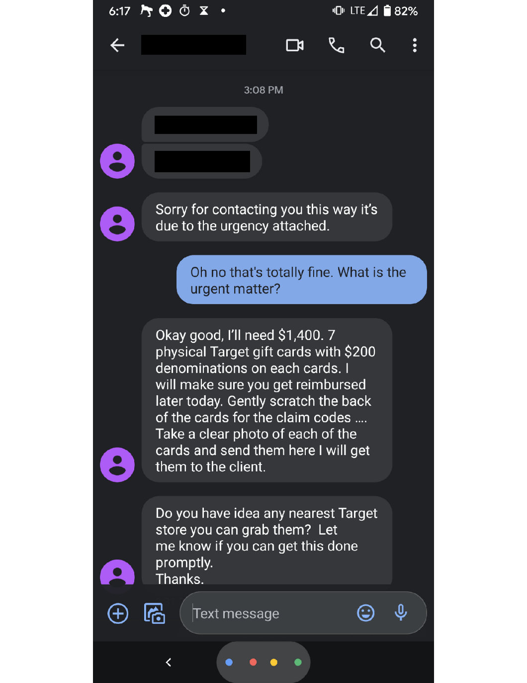 Fake Boss Scam Text Message Example