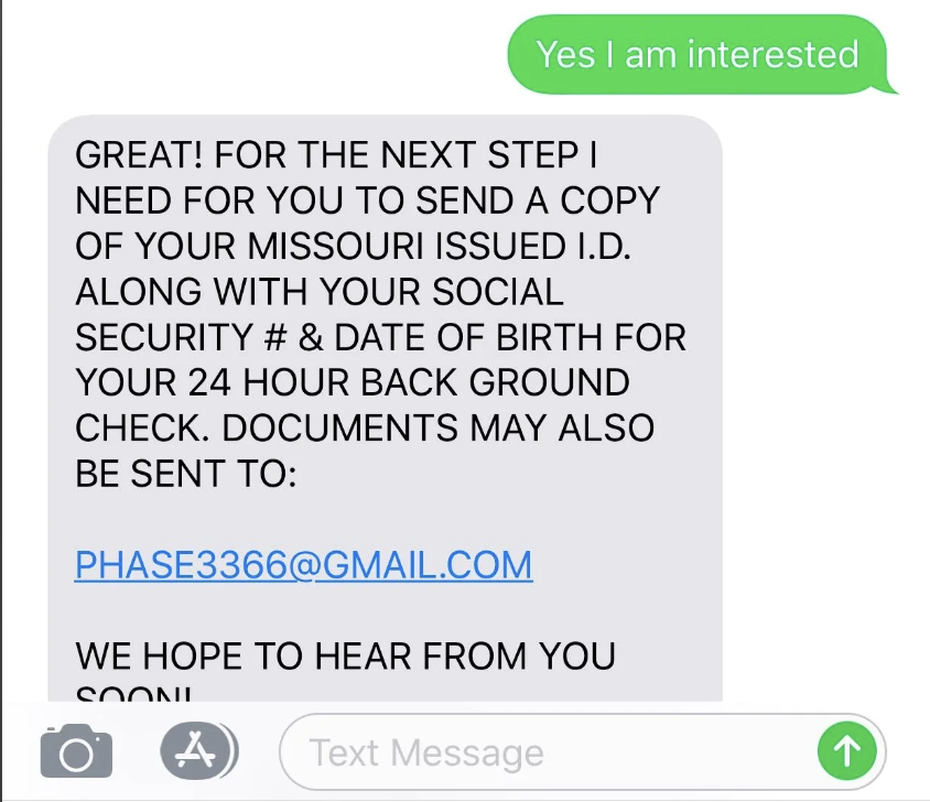 Job Offer Scam Text Message