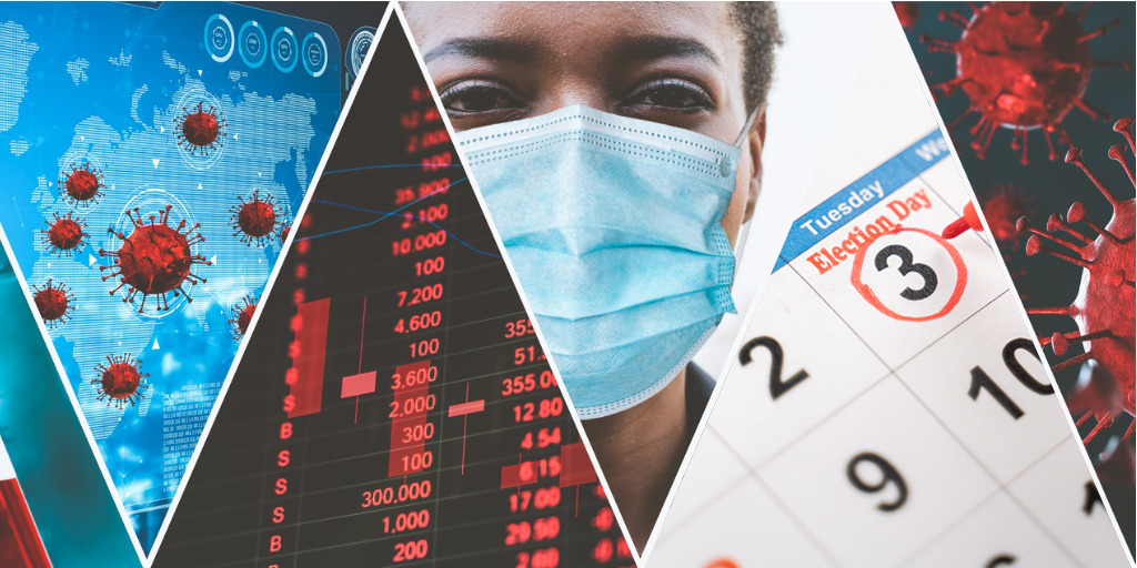 Picture collage: Coronavirus, Stock Market, Woman Weari