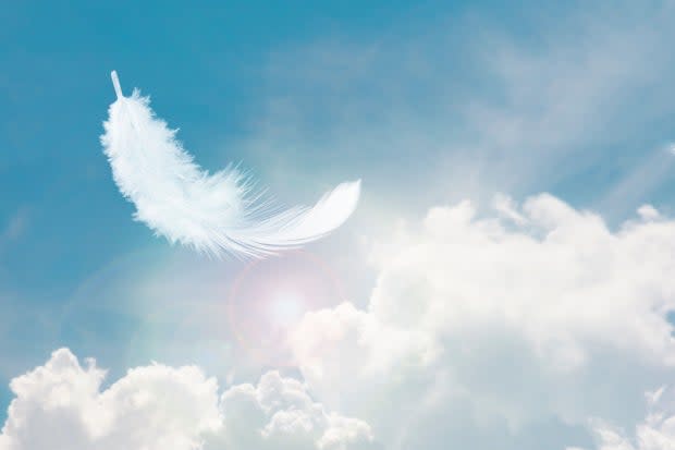 feather floating in fluffy clouds against a sunny blue 