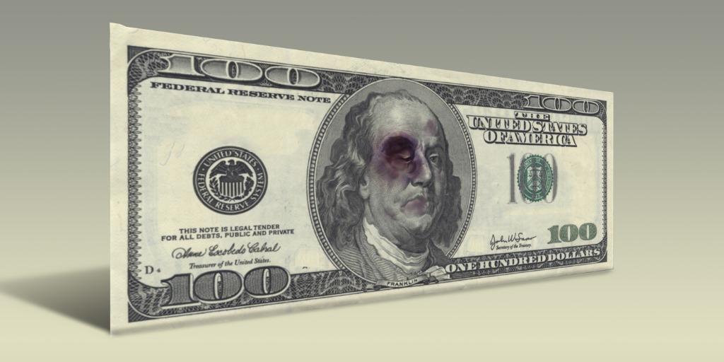 US Hundred Dollar bill with Beaten and Bloodied Ben Fra