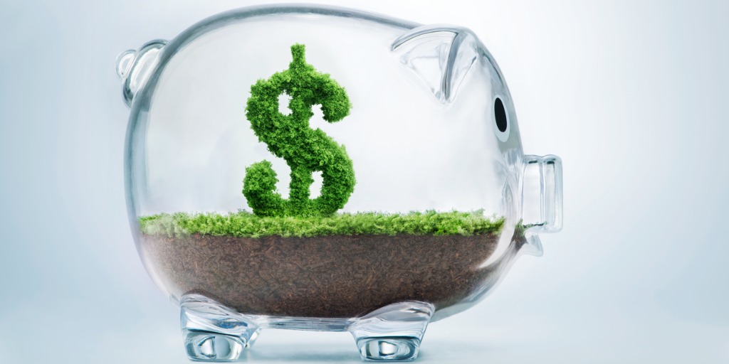 Piggy bank savings concept with grass growing in shape 