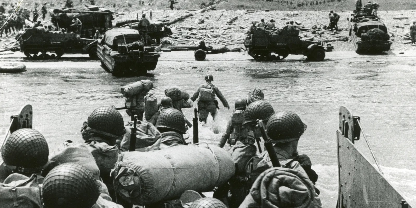 Beach scene of D-Day invasion at Normandy of soldiers a