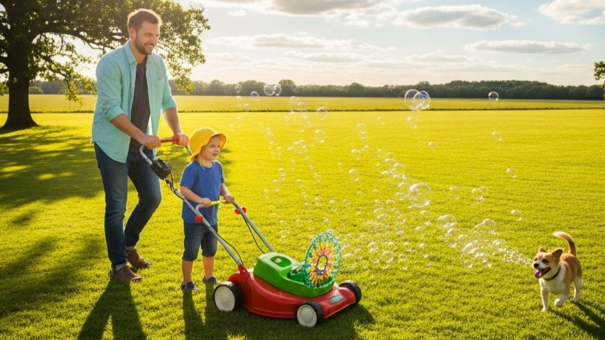 father and son pushing a bubble mower through the grass