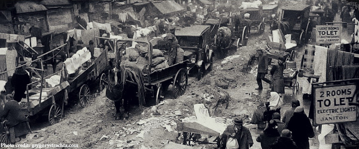 Wagons and carriages stuck in manure on the streets of 