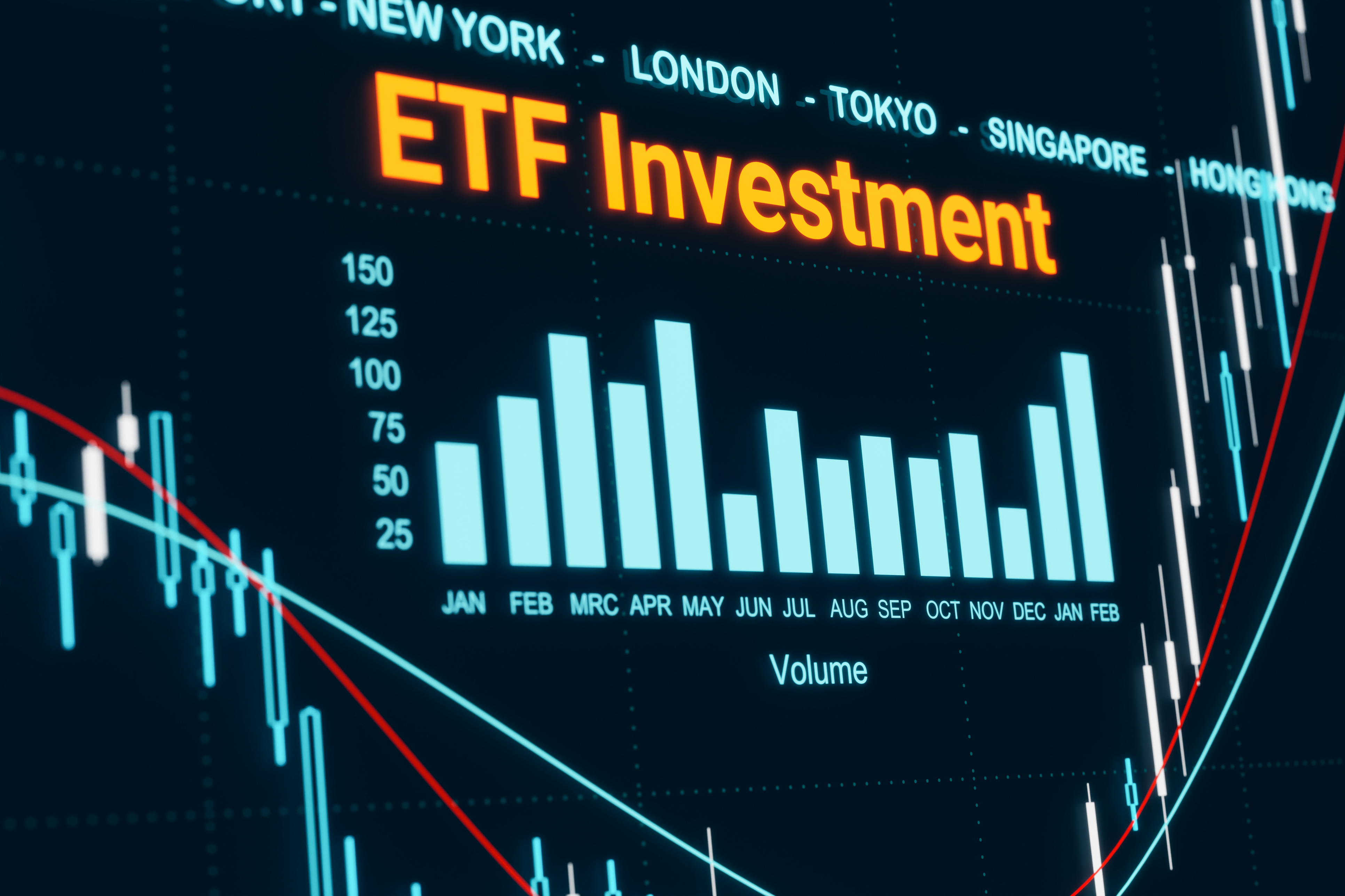 Screen with chart, lines and bar graph. Stock market, E