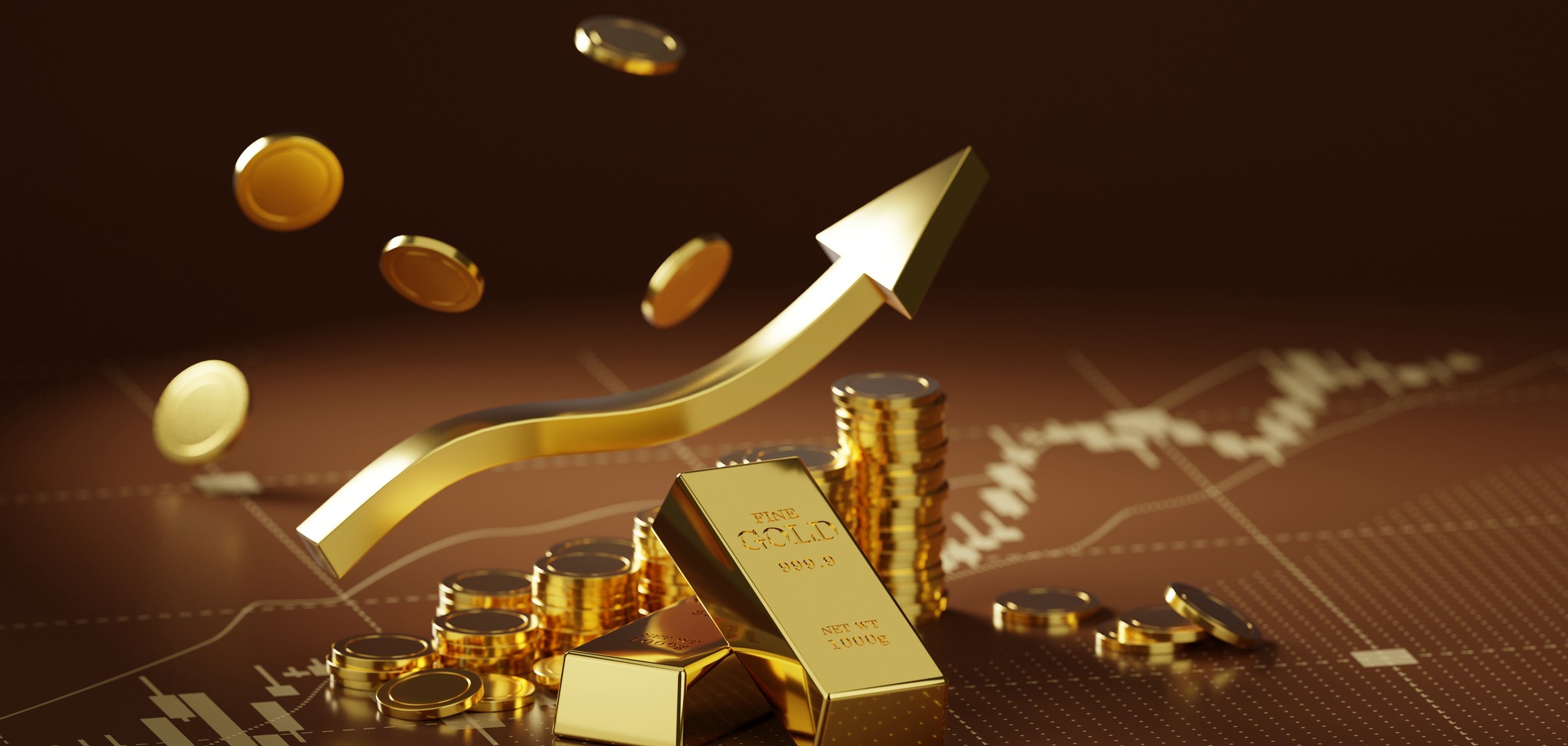 Gold bars and coins with a gold up arrow