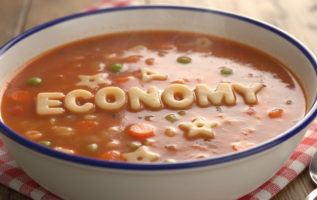 Alphabet soup spelling out the word "economy"
