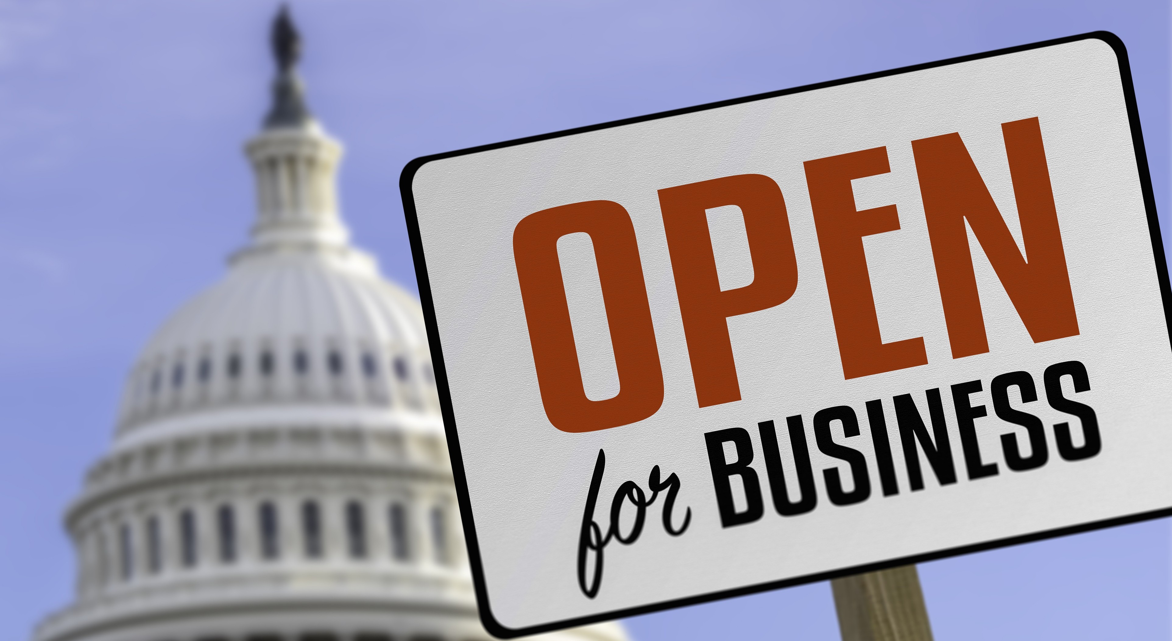 US Capitol dome image behind an "Open for Business" sig