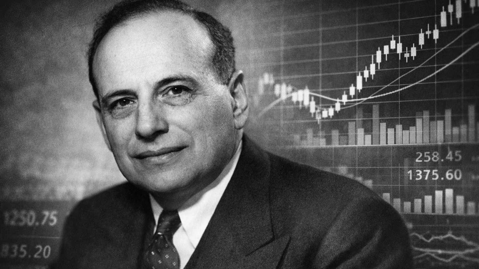 a portrait of Benjamin Graham with financial graphs in 