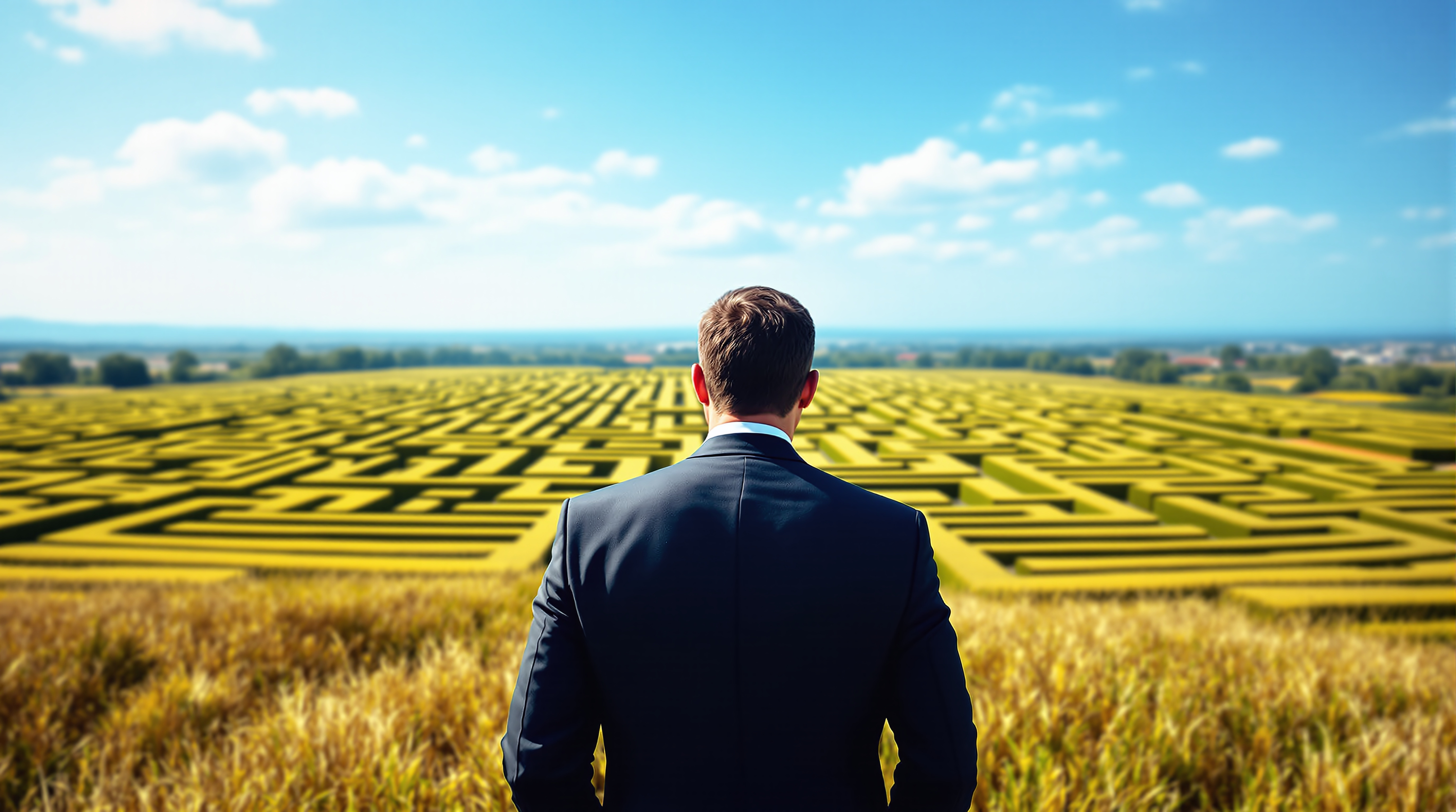 A thoughtful lost businessman stands in a field against
