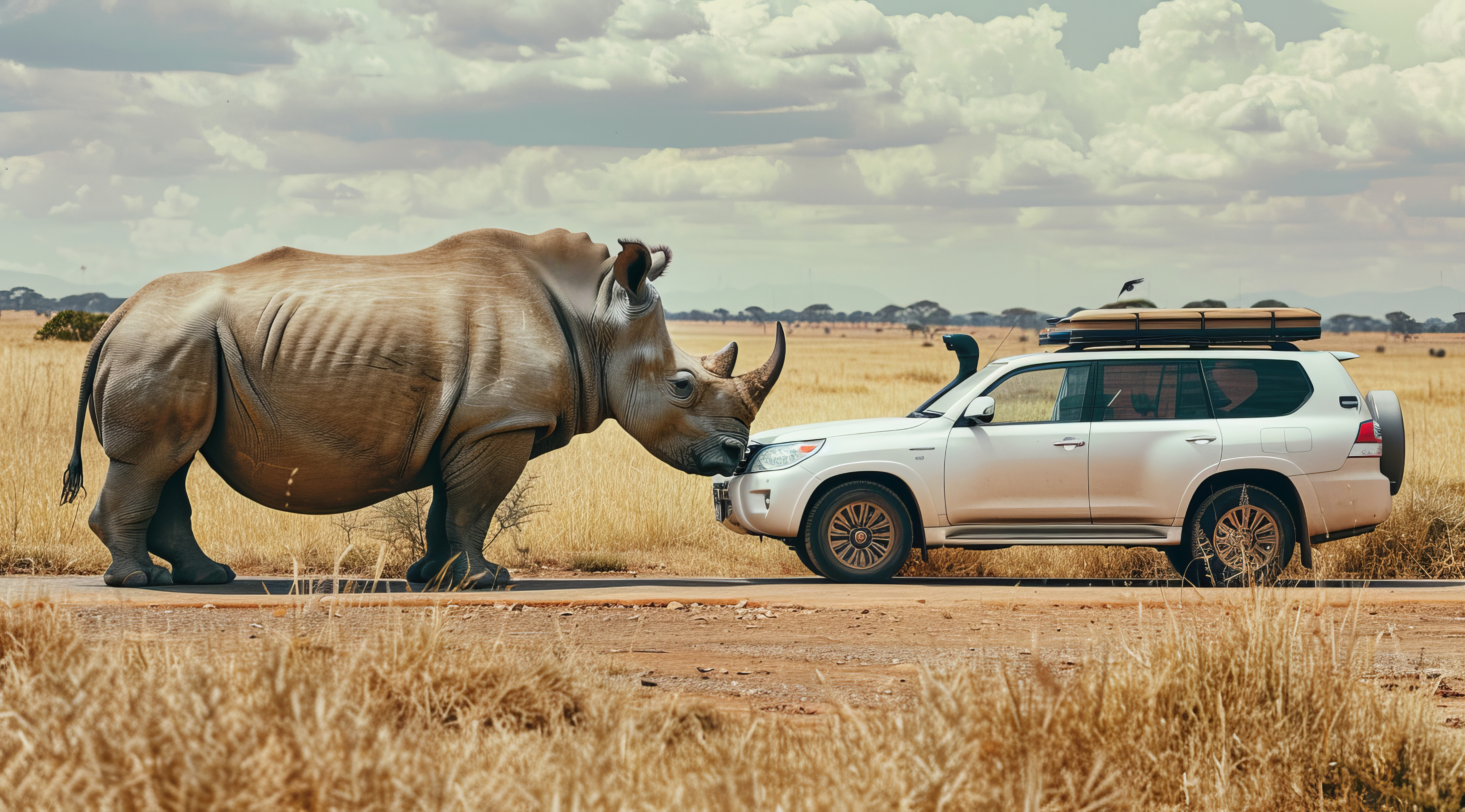 Unexpected rhinoceros blocks the path of a vehicle on t