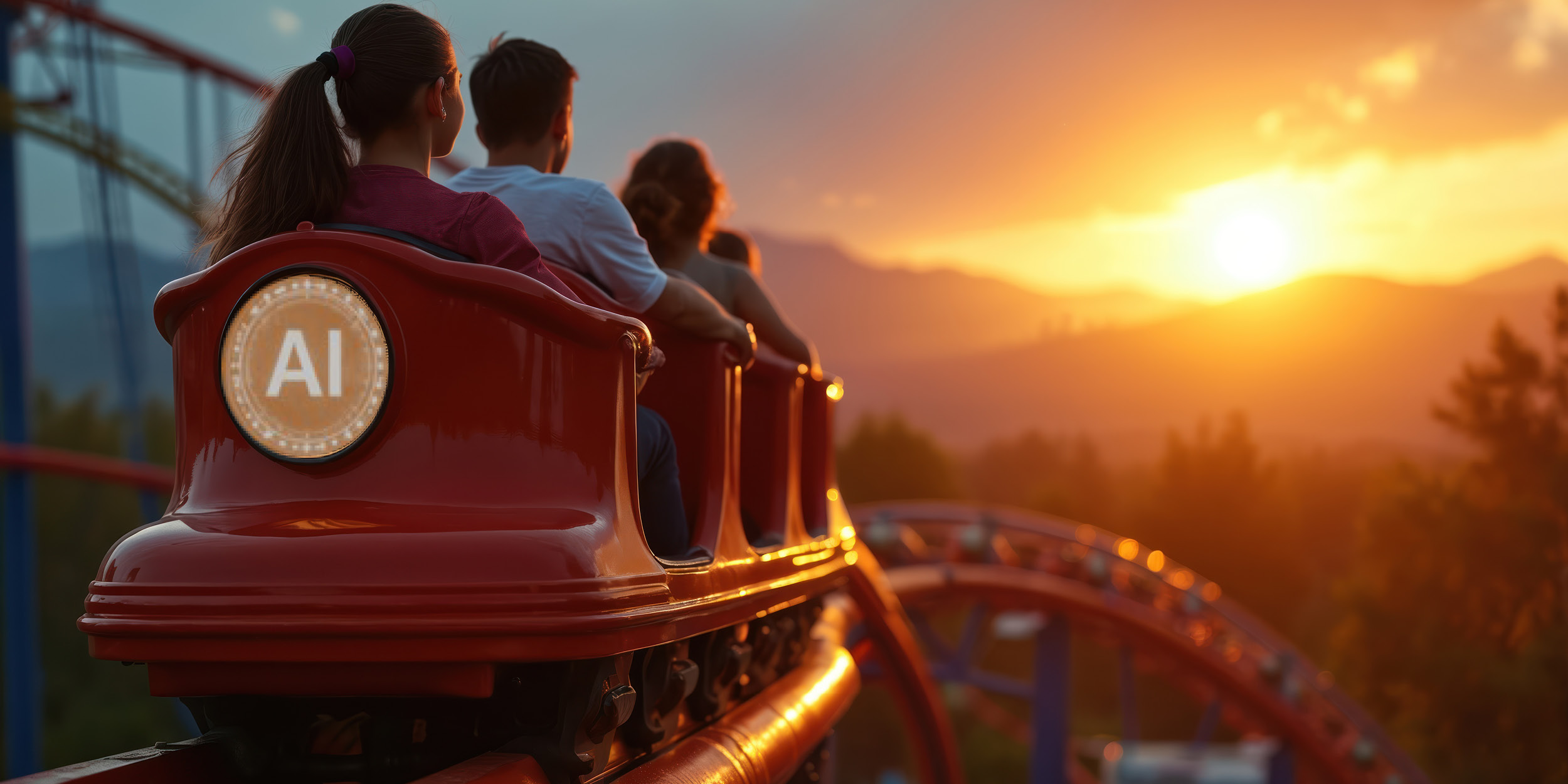 Family on roller coaster, AIsymbol on. Sunset, people r