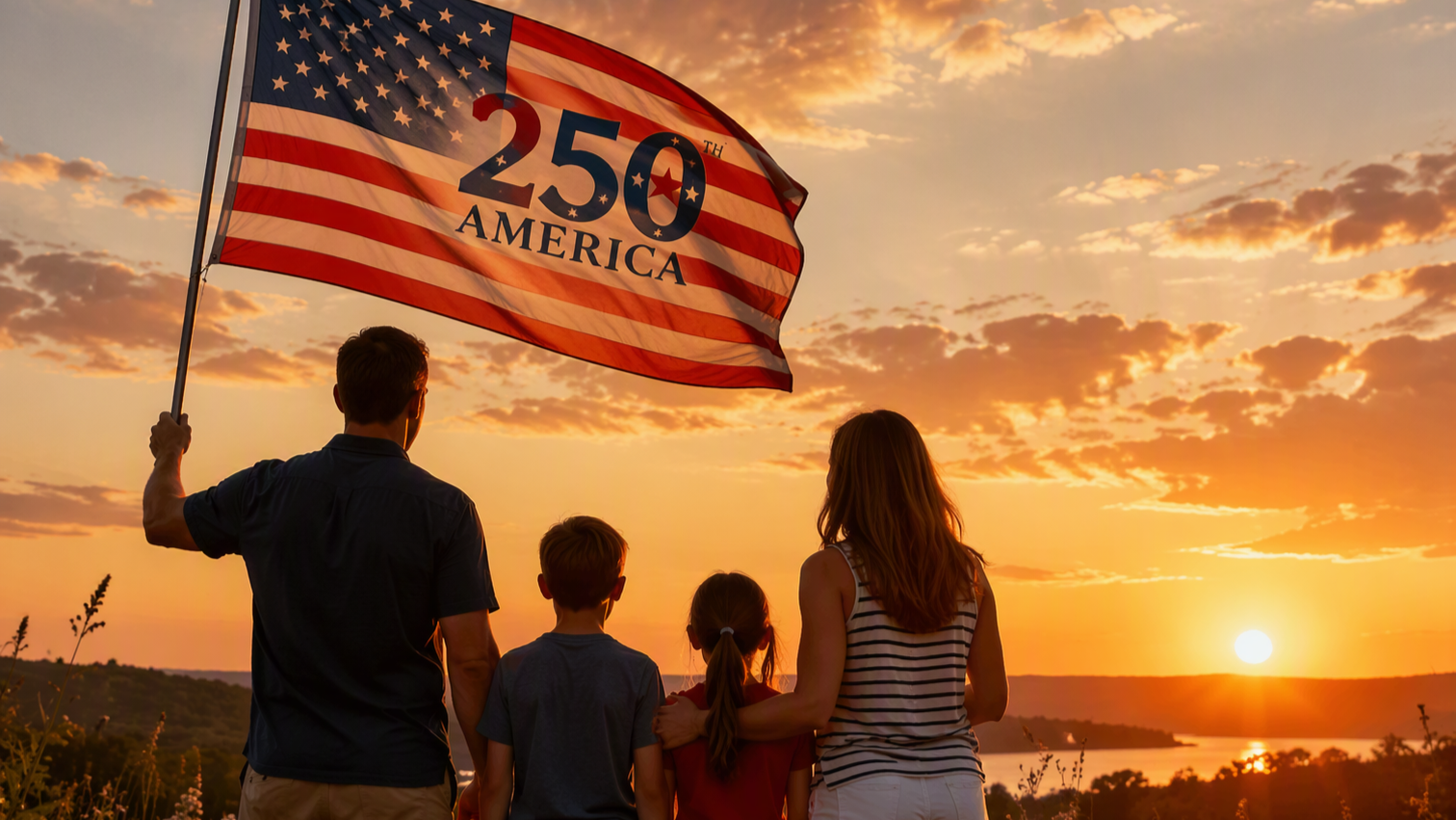 American family waving a 250th celebration American flag overlooking countryside at sunset