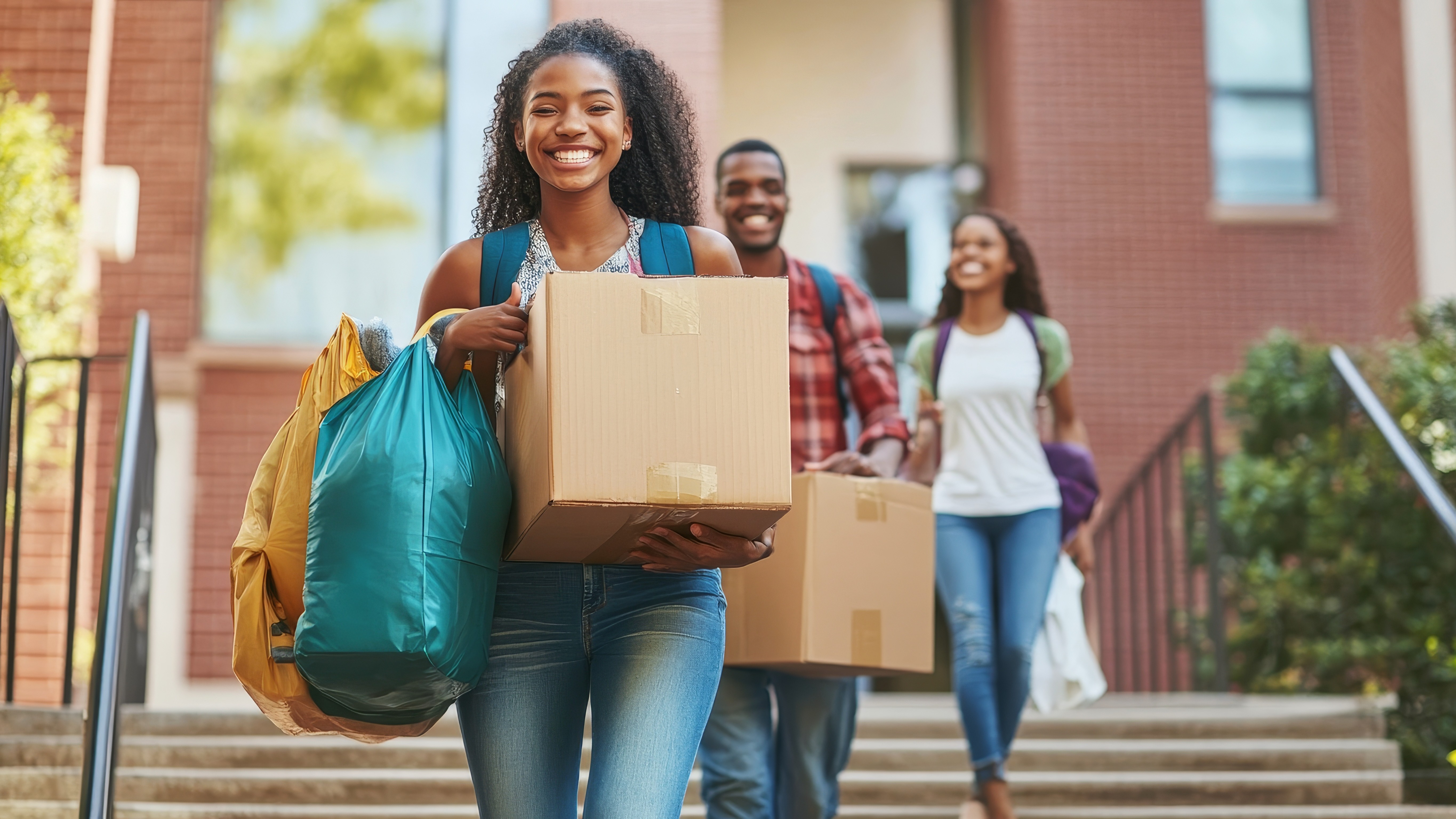 A family helping their child move into a college dorm, carrying boxes and bags up the stairs, with smiles and encouraging words