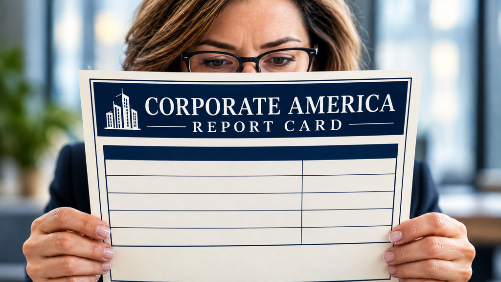 a businesswoman looking at the corporate America report card