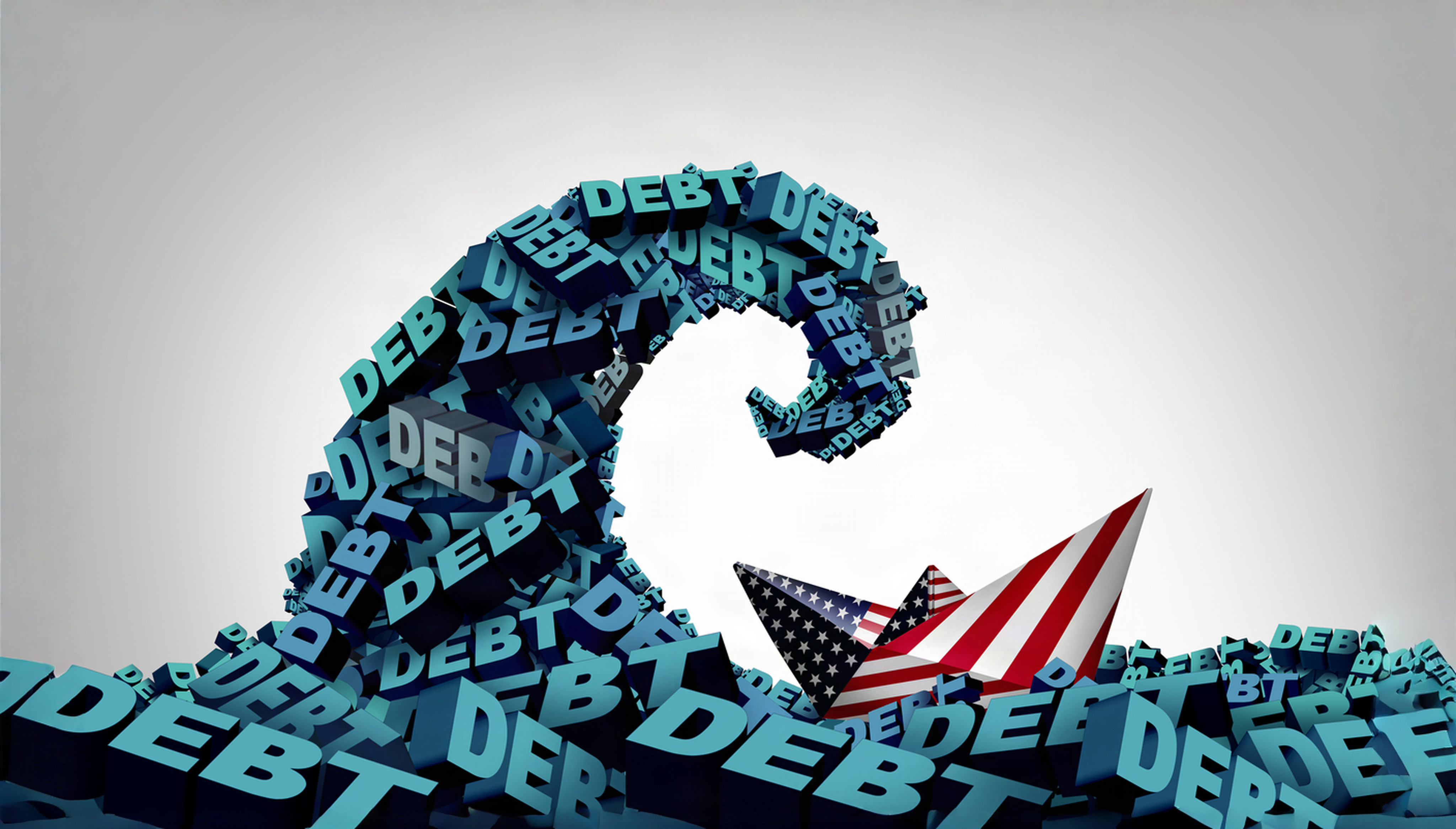 US National Debt amnd Americal rising financial government pressure as a business concept with a huge wave or tide representing United States finance and economic crisis metaphor for money problem risk and budget management trouble.
