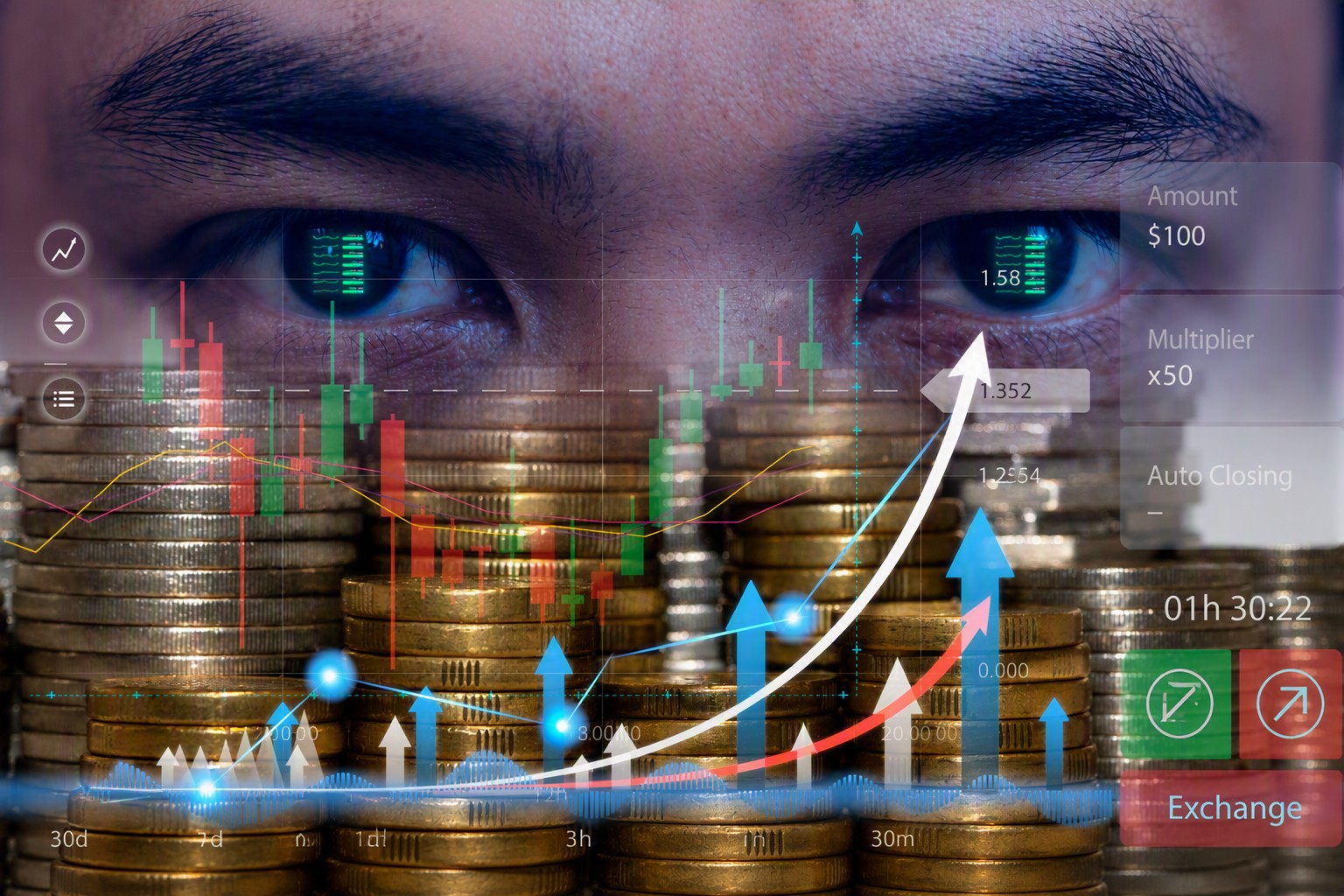 businessman or trader eyes looking at trading graph and blurred stacking coins
