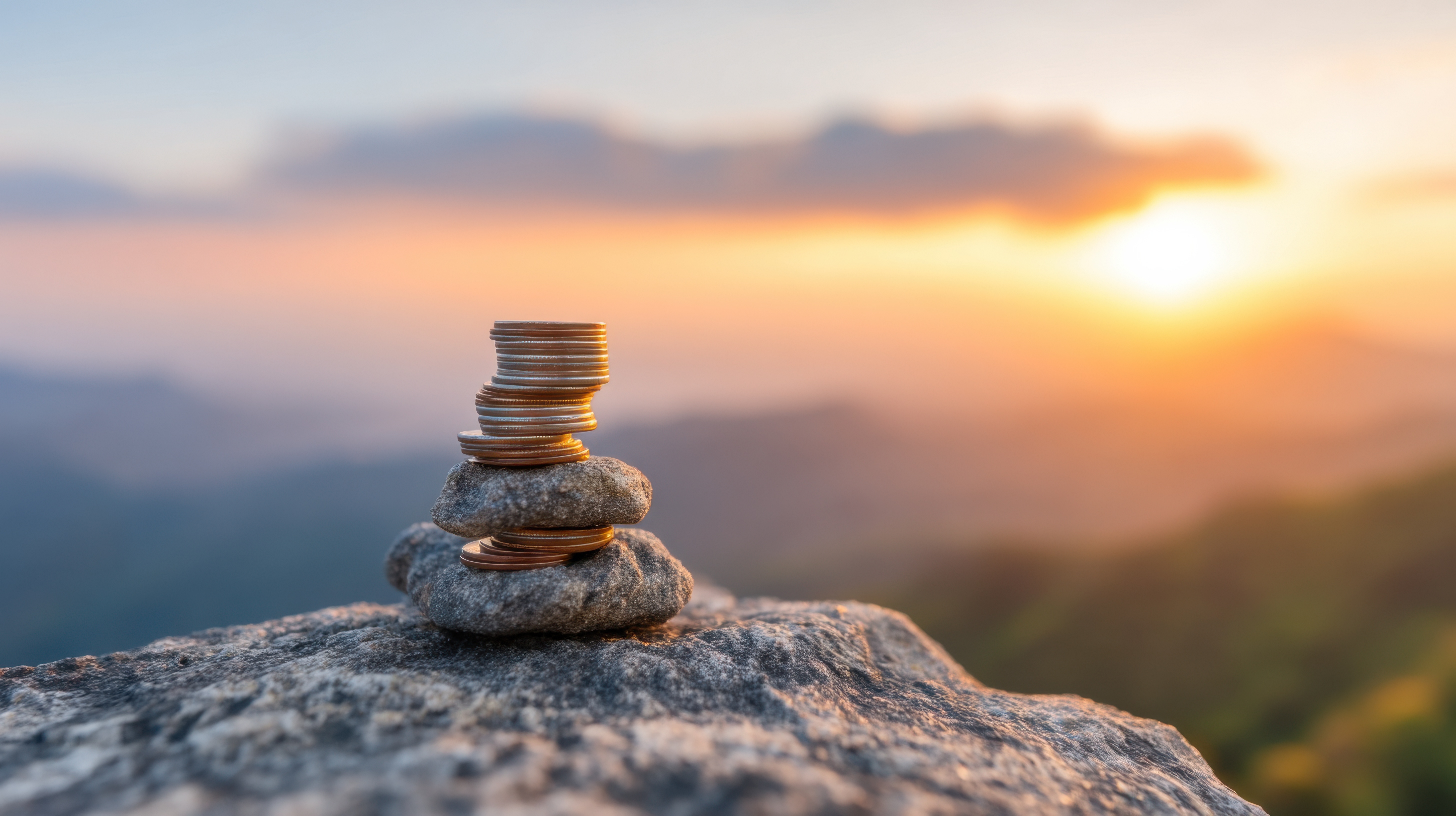 Balancing coins between rocks on a mountain with a sunset in the background