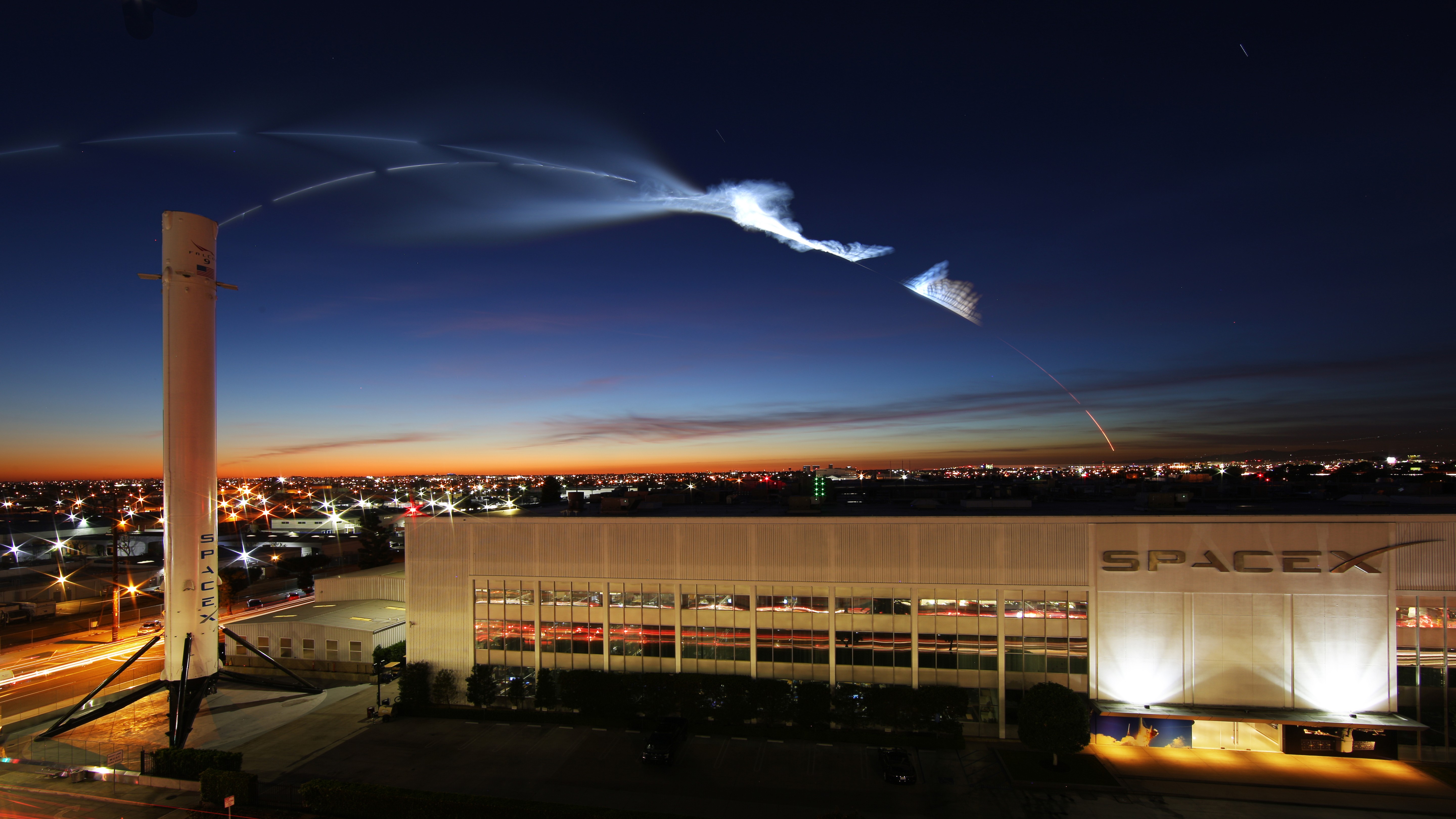 SpaceX Indium-4 Mission over The Headquarters of SpaceX in Hawthorne, California